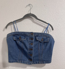 Jules Blue Denim Corset Bustier Top Size S Button Front Spaghetti Straps