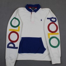 Polo Ralph Lauren Shirt Kids 14-16 White Blue Rugby Spellout Sleeve Hit Logo