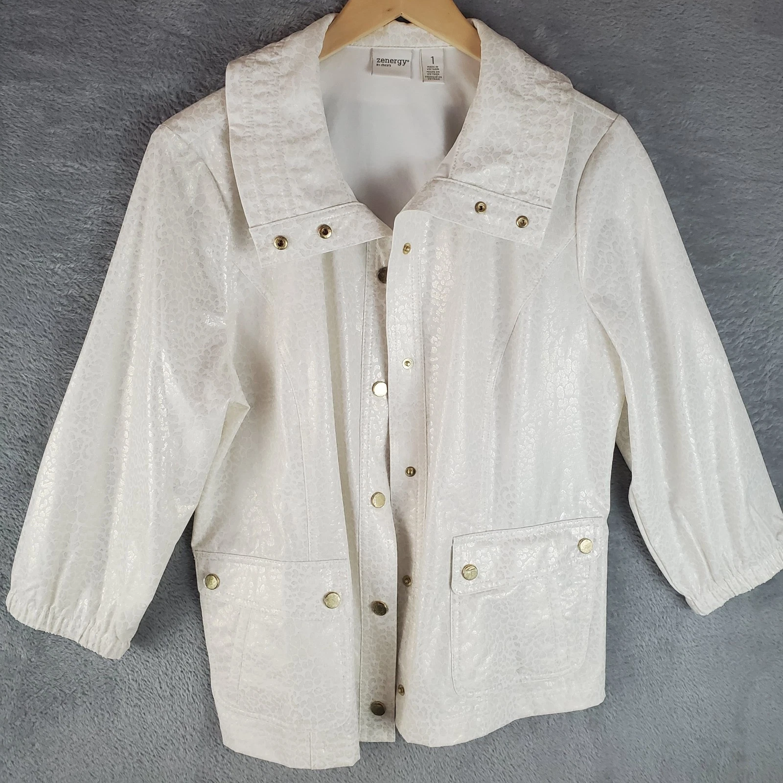 OFF WHITE Giacca Chicos Zenergy 1 M bianco sporco panna oro stampa metallizzata bottoni a pressione maniche 3 4