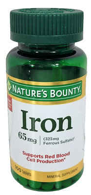 Nature s Bounty Iron 65mg, 325 mg Ferrous Sulfate Cellular Energy 100 Tablets 