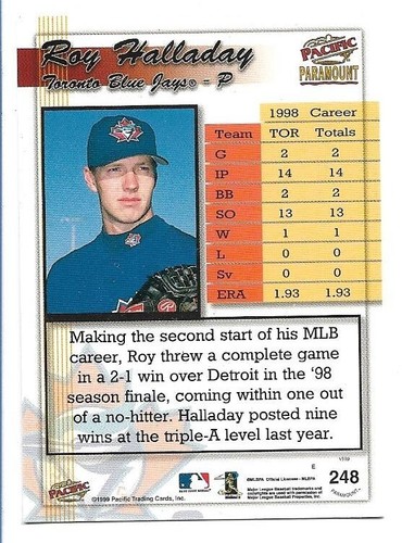 Roy Halladay 1999 Pacific Paramount Gold Rookie #248 Toronto blau Jays RC - Bild 2 von 2