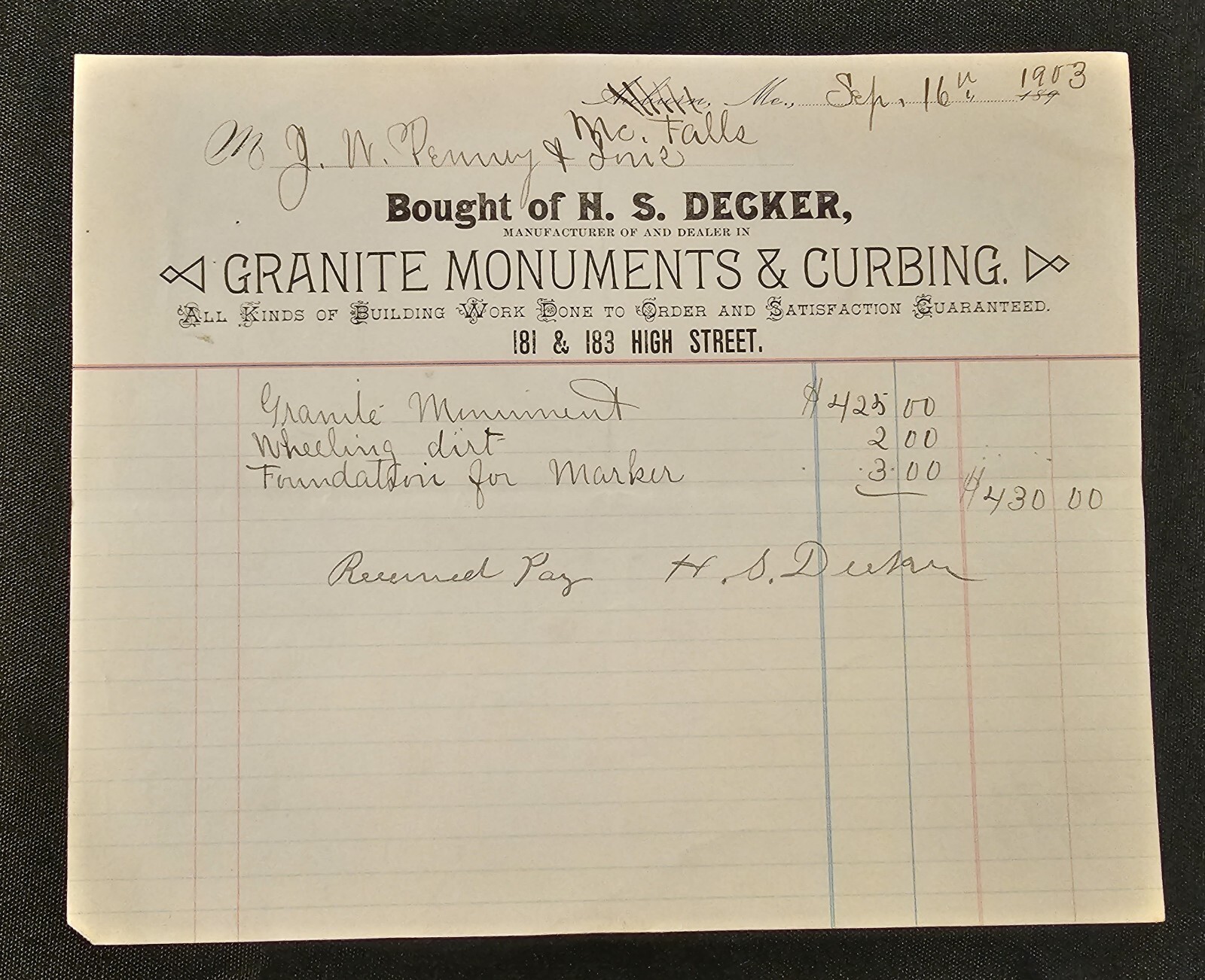 1903 HS Decker Granite Monuments & Curbing Billhead Receipt Mechanic
