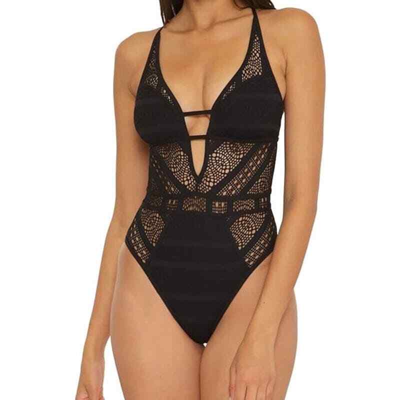 BECCA Womens Plunge Neck Crochet One Piece Swimsuit Size Small
