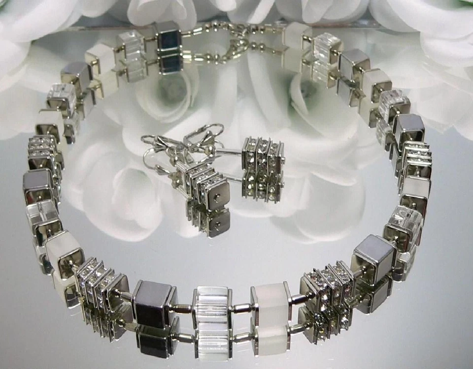 2er Schmuckset Würfelkette Ohrringe Würfel Glas Hämatit Strass weiss silber 092g