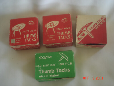 LOT 4 BOXES Vtg. No. 2 Size 3/8'' SOLID HEAD THUMB TACKS - 3 A & W USA 1 ULTRA 
