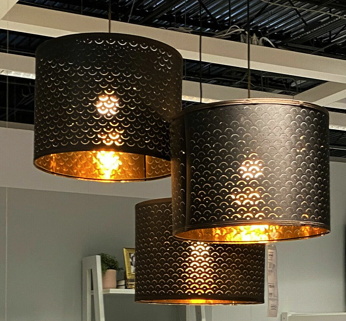 Ikea NYM NYMO Large Floor Pendant Lamp Shade Perforated Black Brass 17
