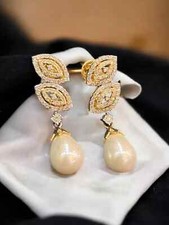 Pave 9,18 Cts Rotondo Brillante Taglio Diamanti Perla Ciondola Orecchini 14K Oro