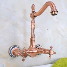 Wall Mount Red Copper Dual Handle Bathroom Sink Faucet Swivel Spout Mixer Tap