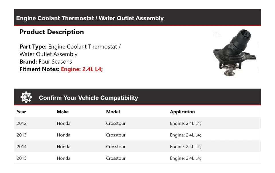 Termostato de refrigerante del motor Honda Crosstour 2012-15/conjunto de salida de agua 4 estaciones Foto 2 de 4