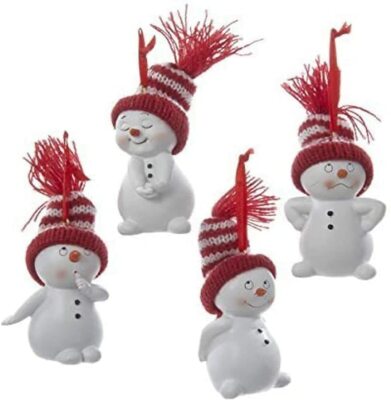 KURT ADLER SET OF 4 SNOWMAN w/RED & WHITE KNITTED HAT CHRISTMAS ORNAMENTS C9692