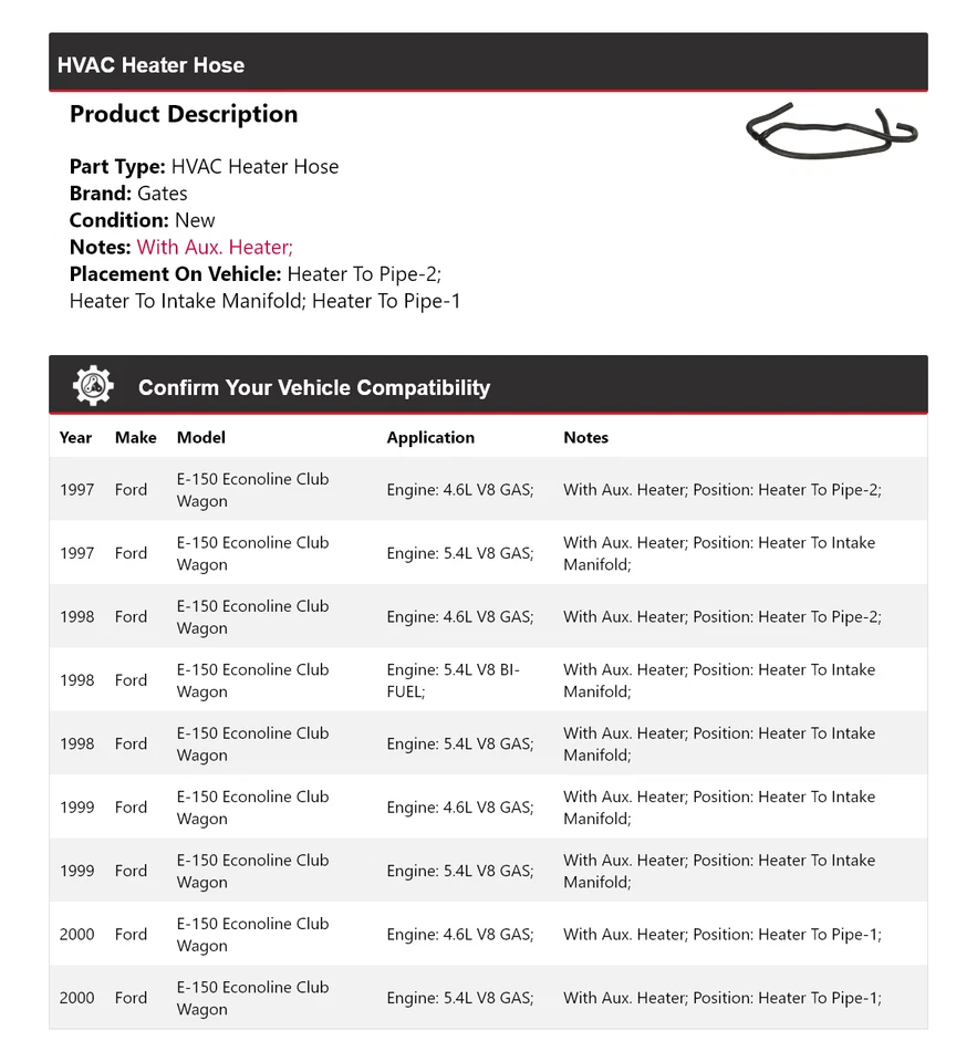 Puertas de manguera de calefacción de climatización para Ford E-150 Econoline Club Wagon 1997-2000 1998 1999 Foto 2 de 4