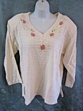 Vintage 90's Basil Top Floral Embellished 100 Cotton Textured Stripe NOS