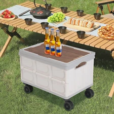 Foldable Cart Gray Large Capacity 55L Container Outdoor Storage Box W/ 4 Wheel