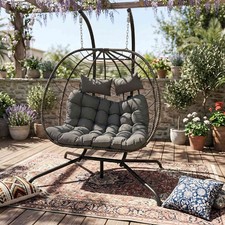 Hanging Egg Chair Double with Stand Garden Swing PE Rattan 240lbs Capacity Grey 