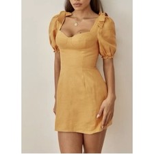 REFORMATION SPRING BOW SLEEVE SMOCKED BACK YELLOW MINI DRESS Size 6 100% Linen