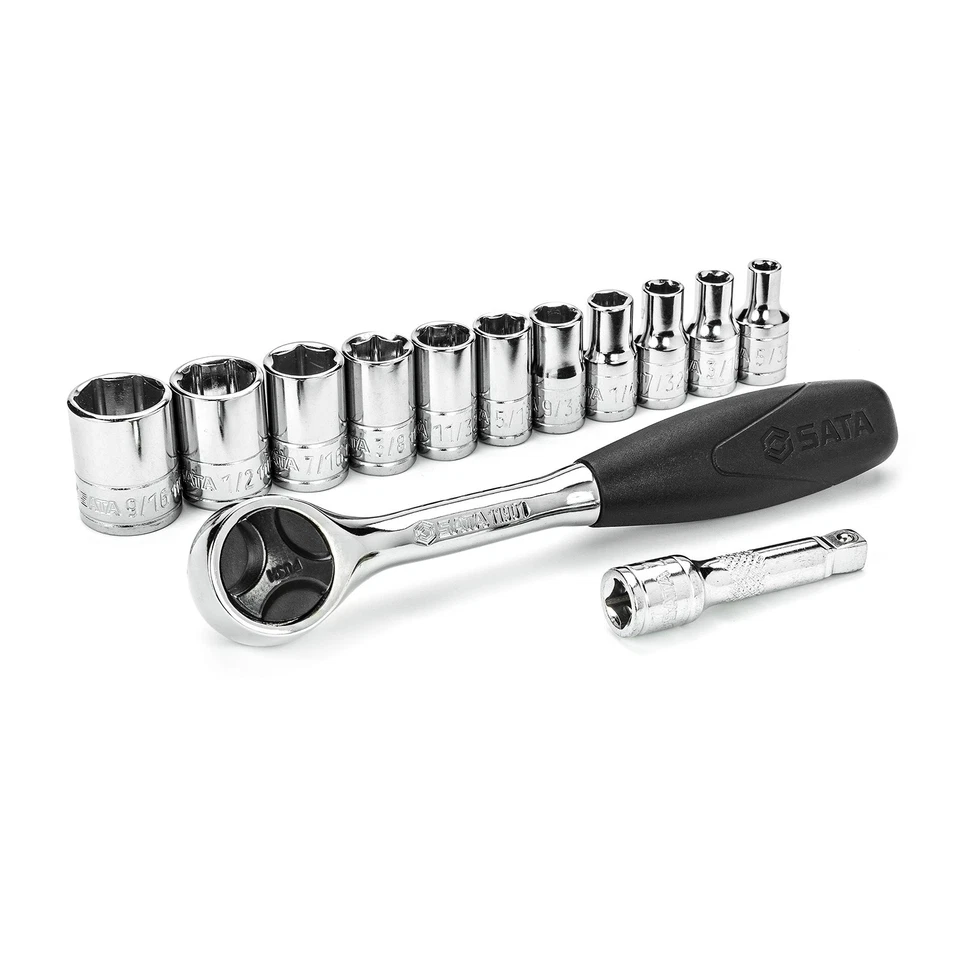 Juego de enchufes SAE de 6 puntos con unidad de 1/4 pulgadas SATA de 13 piezas con cabeza redonda de 60 dientes Ra Foto 2 de 2