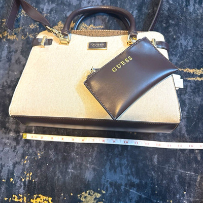 GUESS Beige/Brown Satchel Top Handle Bag, Zip, Detachable Strap, Coin Purse