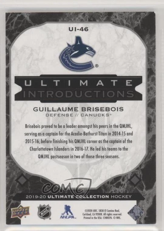 2019 Upper Deck Ultimate Collection Onyx Black /25 Guillaume Brisebois Rookie RC - Image 2 of 2