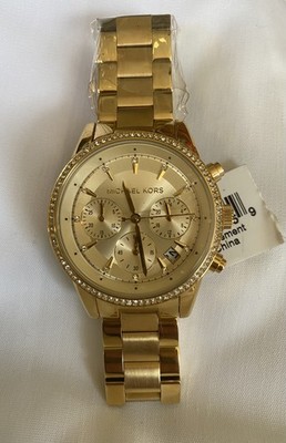 Michael Kors MK6356 Ritz Chronograph Gold Dial Women's Watch Pave Crystal NWT