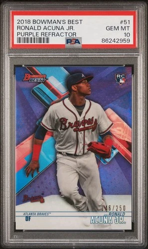 2018 BOWMAN's BEST PURPLE REFRACTOR ROOKIE CARD /250 RONALD ACUNA JR. 51 PSA 10