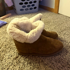 Cushionaire Women's Brown Faux Suede Ankle Bootie Faux Fur Lined Slip On