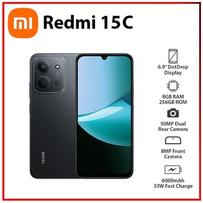 (New) Xiaomi Redmi 15C 8GB+256GB BLACK Dual SIM Unlocked Android Cell Phone