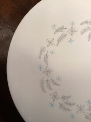 4 Vtg Harmony House Acacia DINNER PLATES Ferns Flowers Teal Blue Gray USA 10 