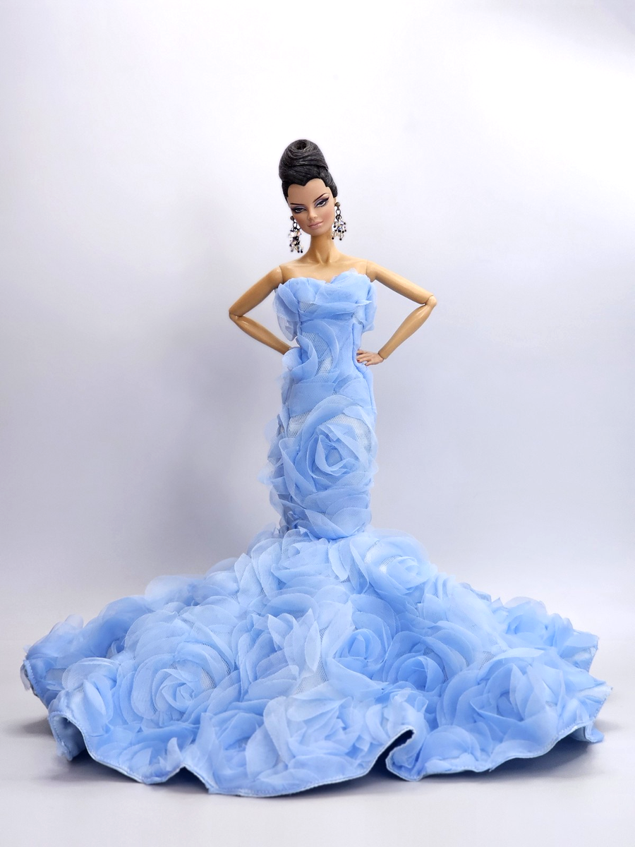 barbie blue dress Handmade Blue Flower Dress Outfit Gown For Barbie Silkstone Fashion Royalty  FR
