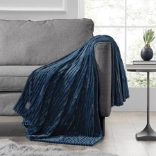 Brookstone Heated Solid Ribbed Plush Throw Navy