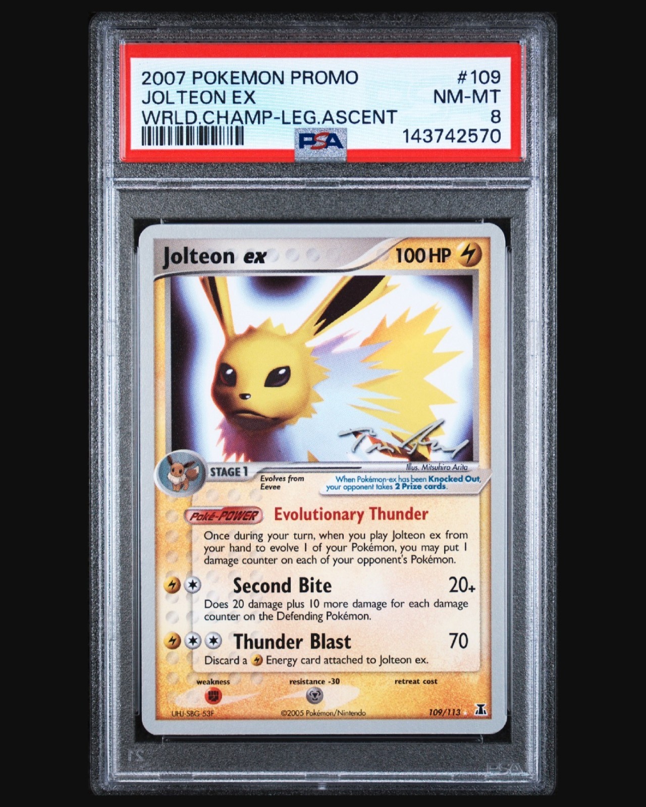 2007 Pokemon Card Jolteon ex 109/113 PSA 8 MINT World Champion Promo NEW CERT