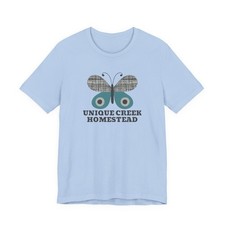 Unique Creek Homestead Blue Butterfly Logo Tee | Graphic Gardening T-Shirt