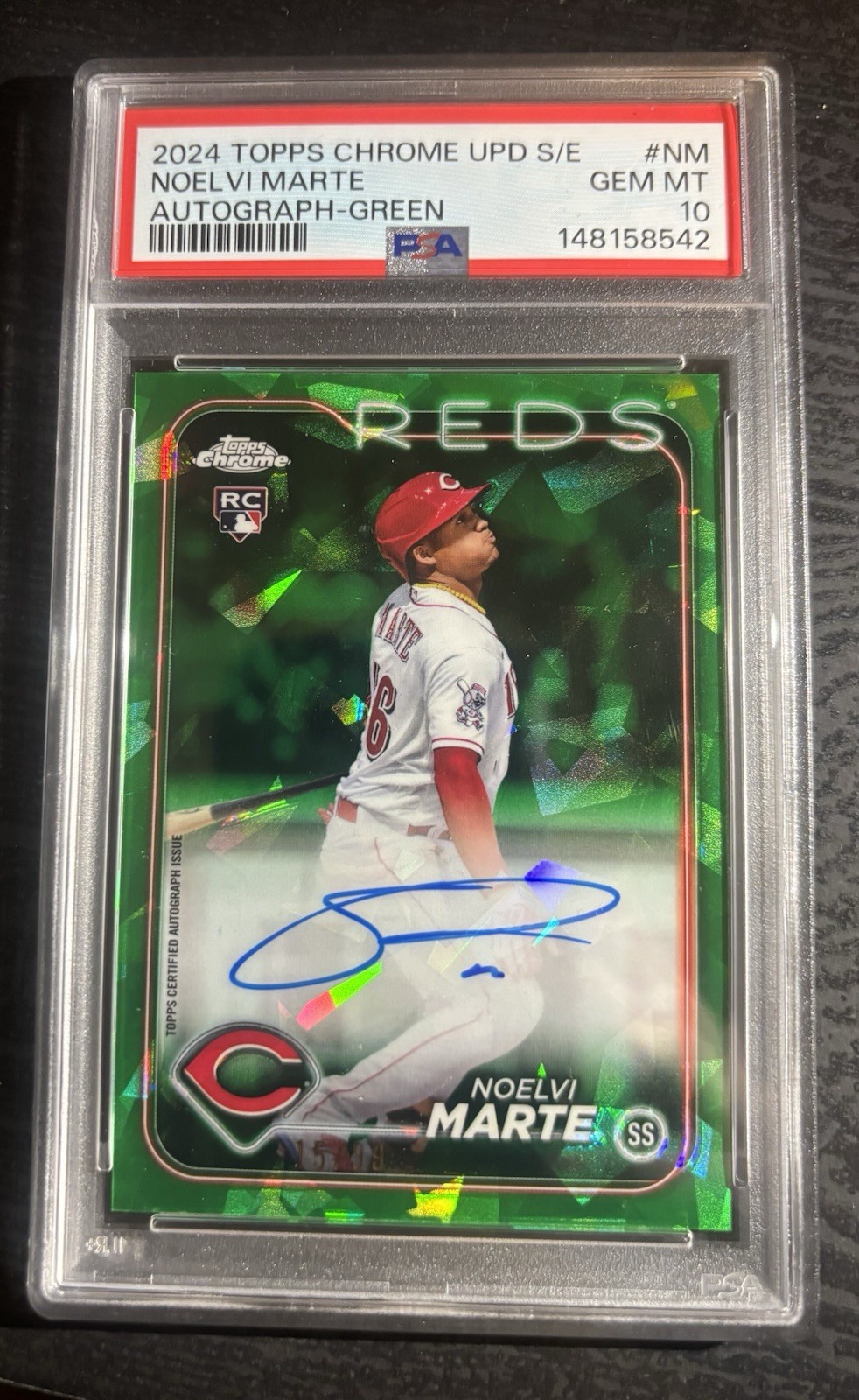 Topps 2024 Chrome Sapphire Green Auto /99 Noelvi Marte #USA-NM PSA 10