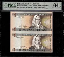 LITHUANIA 1 LITAS 1994 P-53a2  UNCUT PAIR  PMG 64 UNC- EPQ SN AAG3831364/3931364