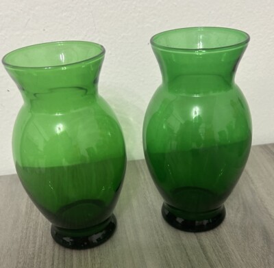 Vintage Anchor Hocking Vases. Green 6.5 . Depression Glass Set Of 2