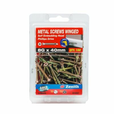 Zenith 8G x 40mm Gold Passivated Self Embedding Head Metal Screws Winged - 100 P
