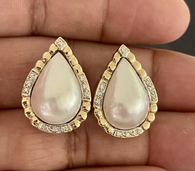 14K Yellow Gold Mobe Pearl and Diamond Earrings (X195)