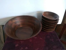 Vintage MCM American Walnut Wooden Salad Bowl Set Quality Heirloom 8 Pieces