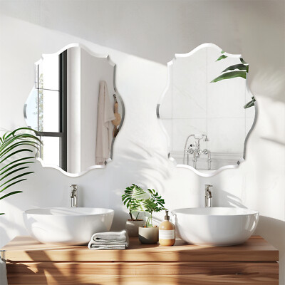 Frameless Asymmetrical  Wall Mirror Beveled Edge Silver Mirror Bathroom Entryway