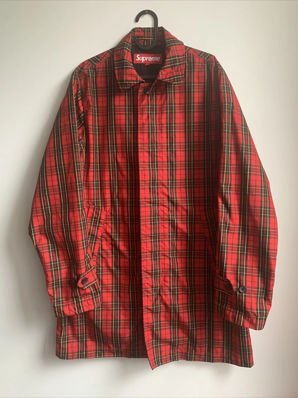 Trench coat à carreaux rouges Supreme M SS15 logo classique vintage boîte veste de pluie