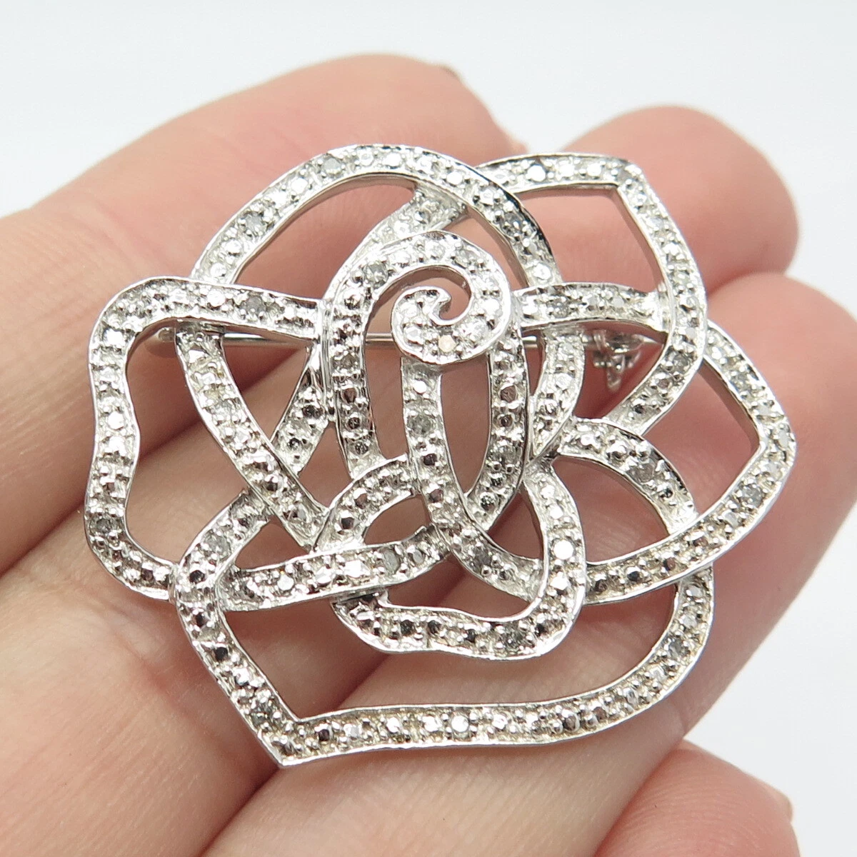 925 Sterling Silver Real White Diamond Floral Pin Brooch eBay