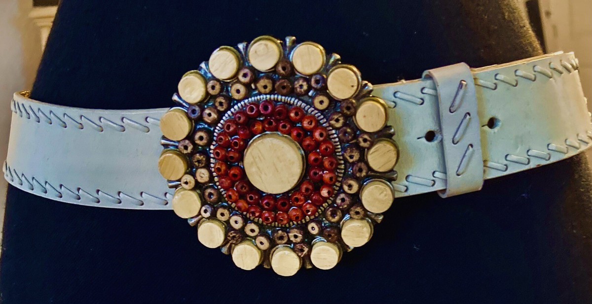 Winter White Leather Belt with Wood Beaded Metal Buckle BKE Glitz Leather Western Belt - Women main image 4