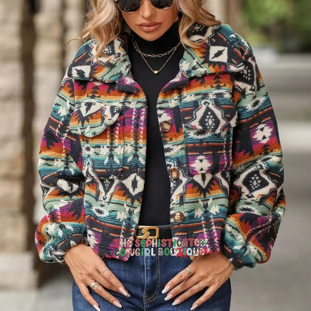 THE BONNIE AZTEC PRINT TEDDY JACKET NEW IN PACKAGE BUTTON UP THE FRONT ...