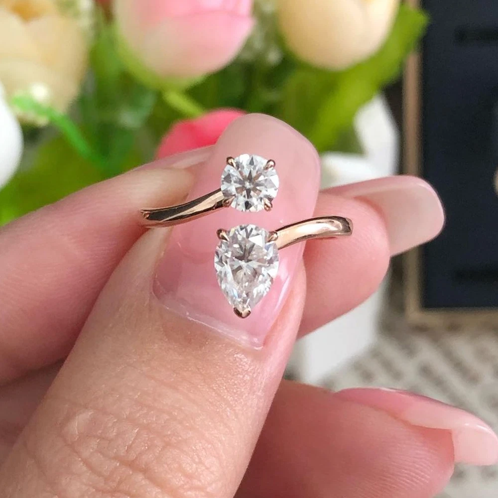 Pear Round Cut Moissanite Two Stone Engagement Ring 14K Yellow Gold Plated