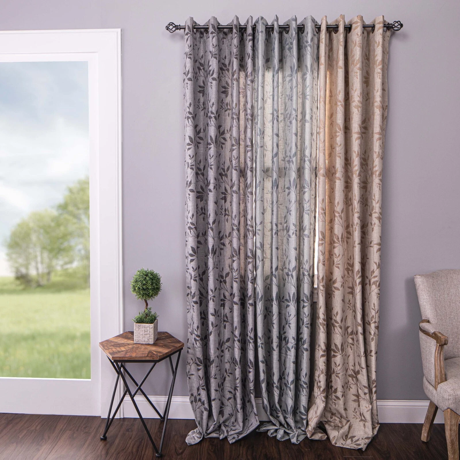 Ghera Jacquard Nature Leaves Window Curtain Panel Set with Grommet Top Header