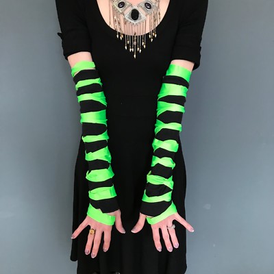 Mens Cut Out Gloves Green Arm Warmers Black Sleeves Cyber Goth Cosplay  Costume