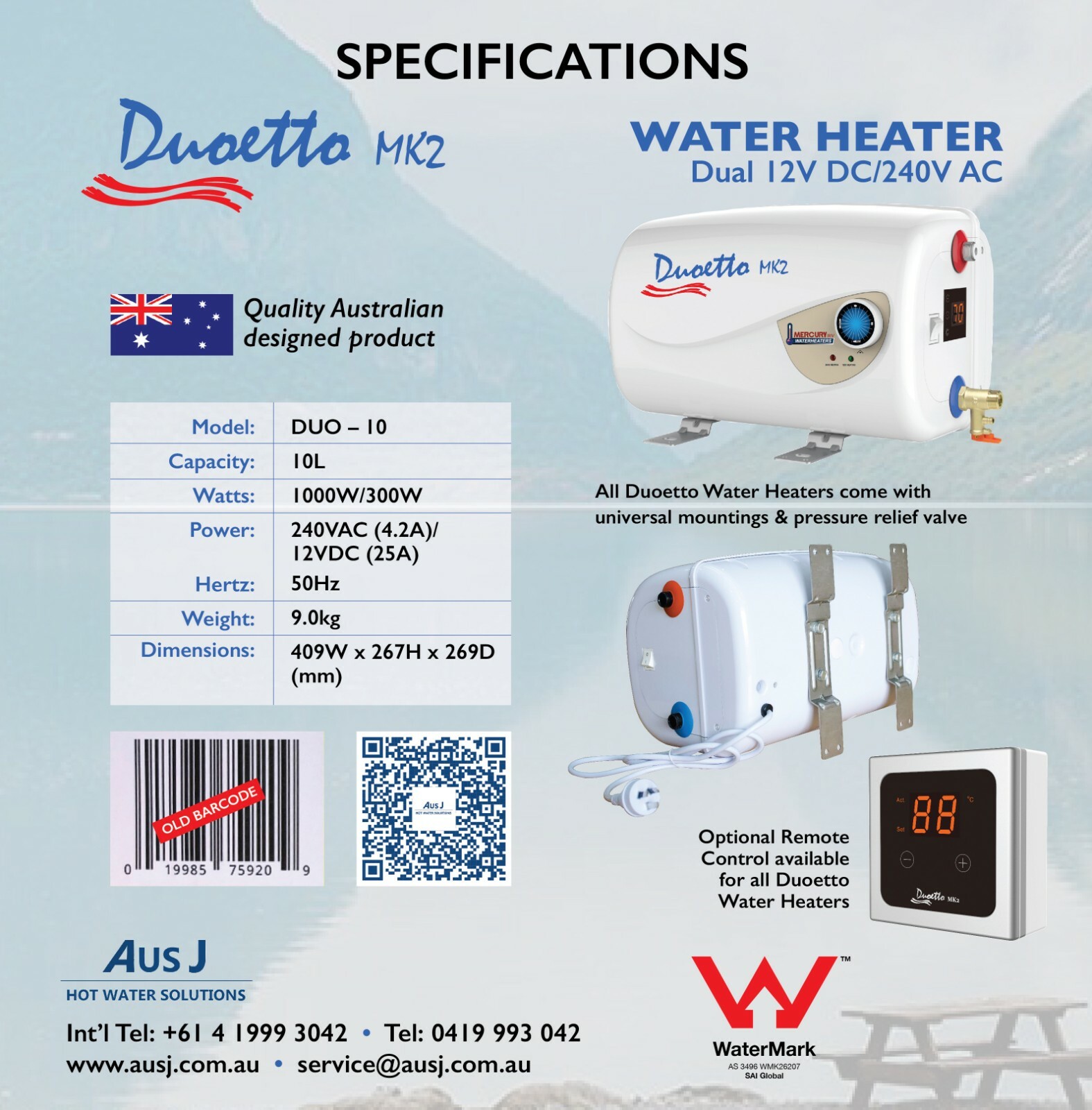 Duoetto MK2 12v & 240v Digital Electric Storage Water Heater Caravan