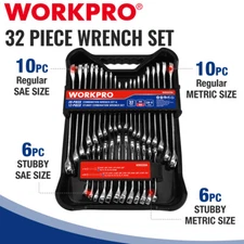 WORKPRO 32PC Combination Wrench Set SAE Metric 12PT Regular Stubby Wrench W/Tray