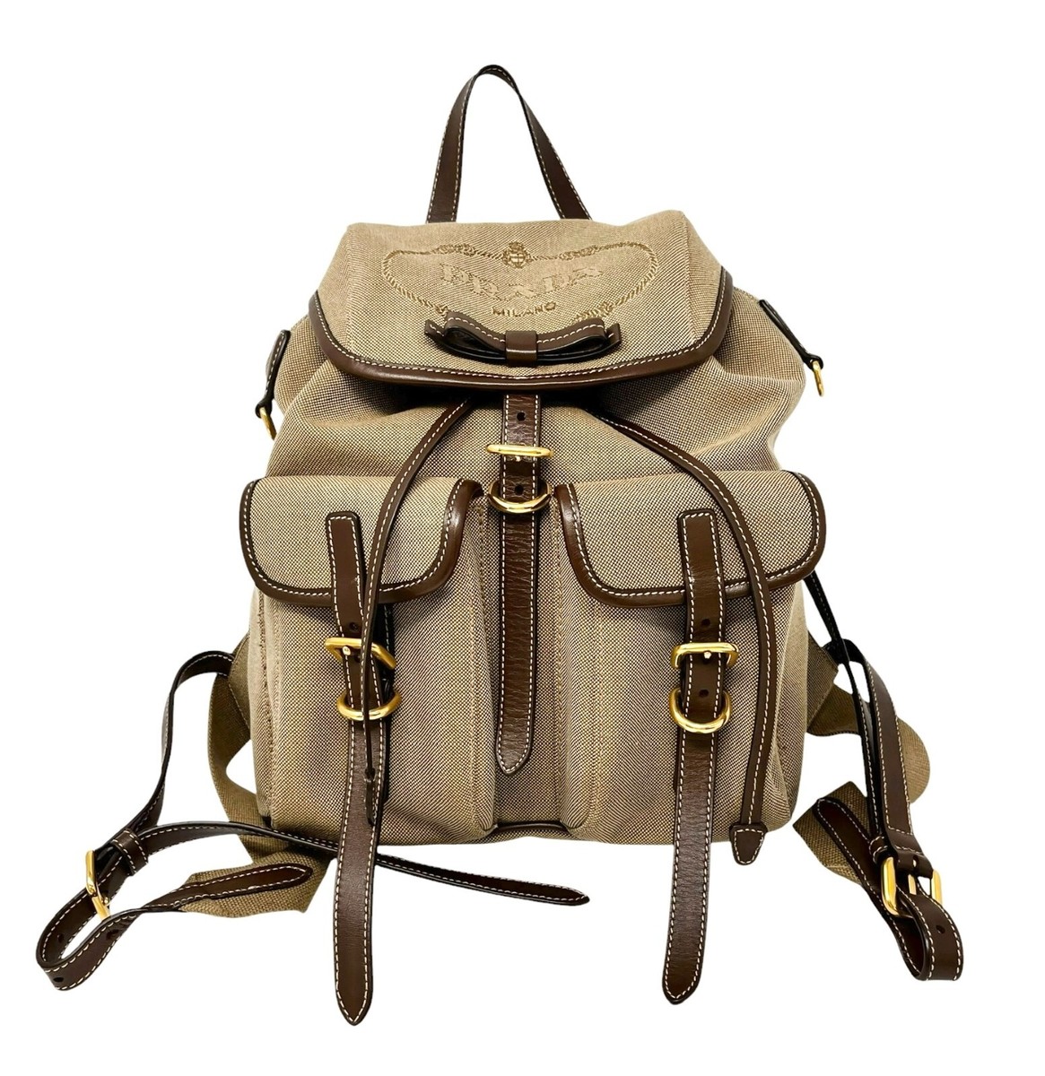 PRADA Vintage Logo Jacquard Backpack Brown Gold Canvas  display picture 1