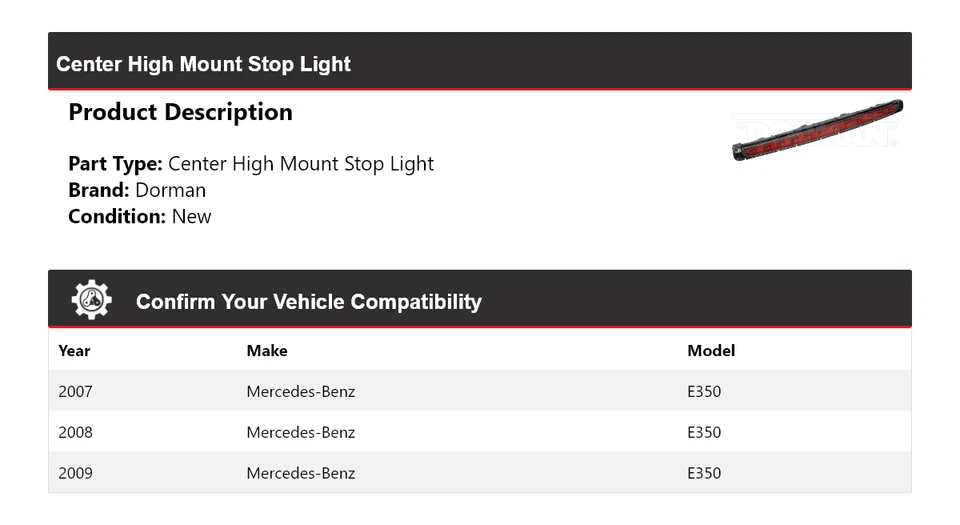 Luz de freno central de montaje alto 2008 para Mercedes-Benz E350 Dorman 2007-2009 Foto 2 de 4