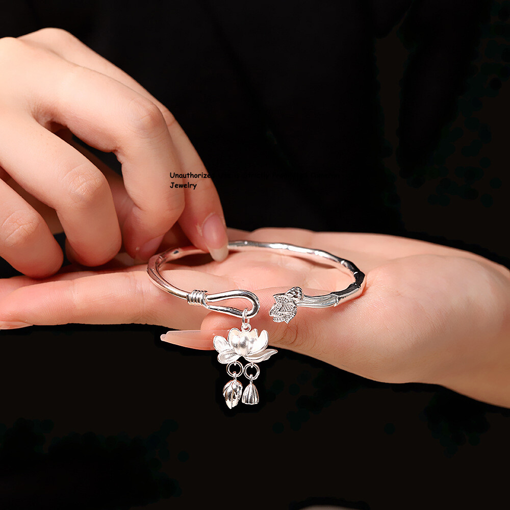 Pure S999 Fine Silver 999 Bracelet Women Lukcy Lotus Open